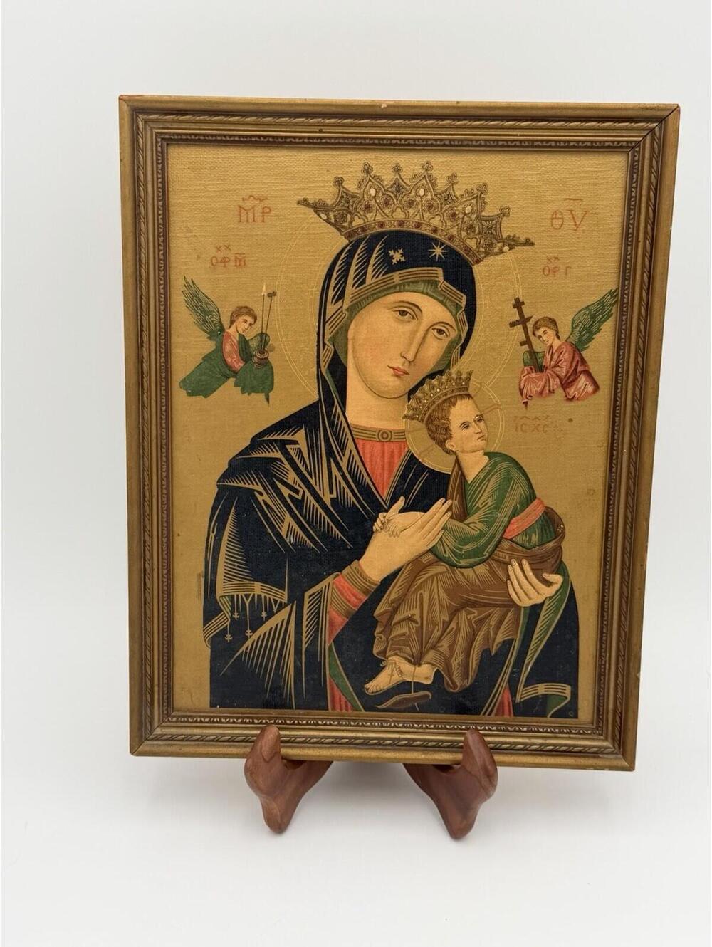 Vintage Our Lady Of Perpetual Icon Madonna With Child Antique Frame Painting